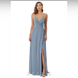 Azazie Dusty Blue Chiffon Maxi Dress with X Halter Back
